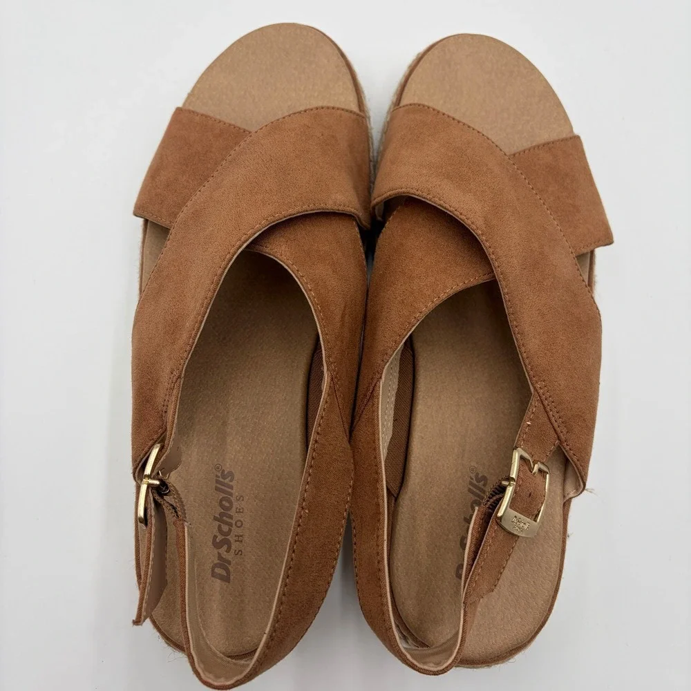 Dr Scholls Ember Tan Espadrille Platform Wedge Sandals Womens 9M Brown Buckle